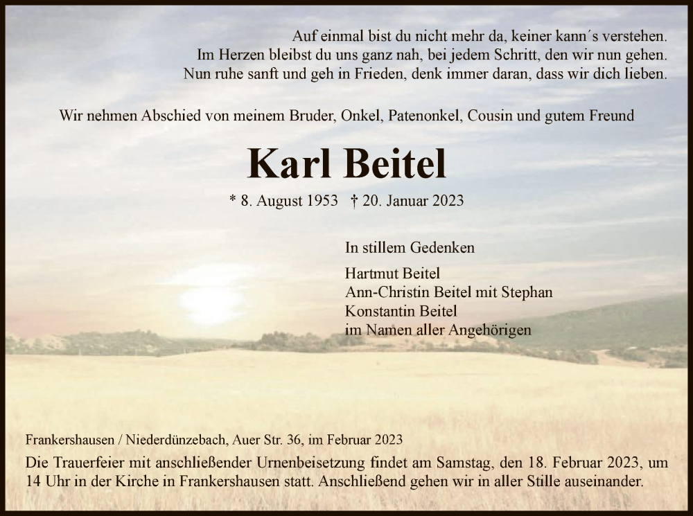  Traueranzeige für Karl Beitel vom 15.02.2023 aus WRS