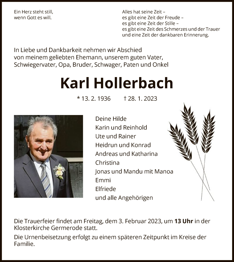  Traueranzeige für Karl Hollerbach vom 01.02.2023 aus WRS