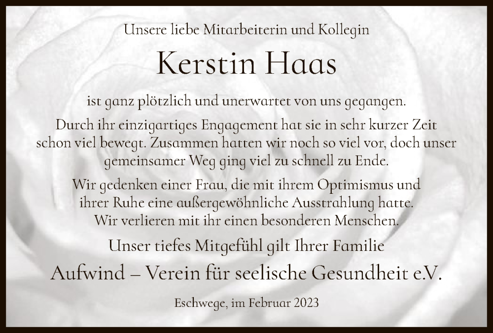  Traueranzeige für Kerstin Haas vom 18.02.2023 aus WRS