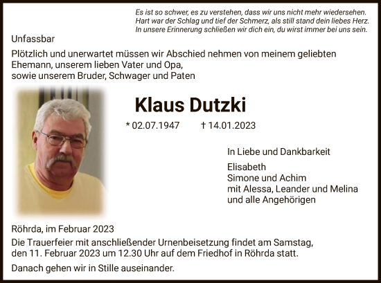 Traueranzeige von Klaus Dutzki von WRS