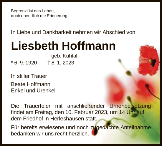 Traueranzeige von Liesbeth Hoffmann von WRS