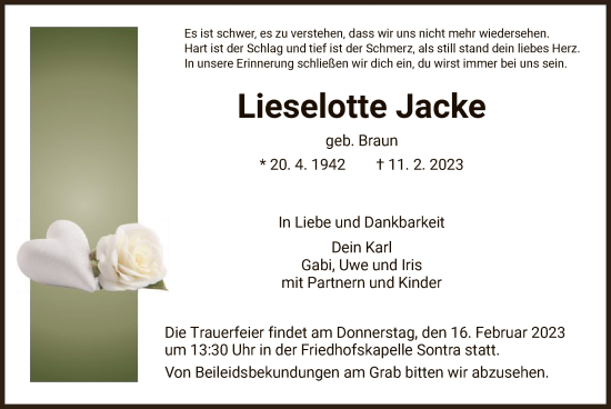 Traueranzeige von Lieselotte Jacke von WRS