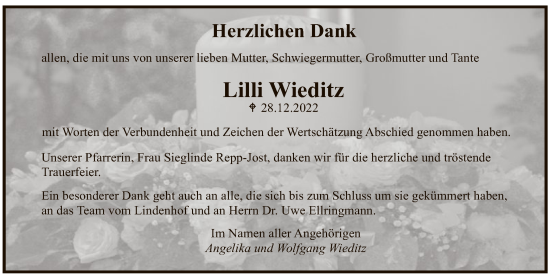 Traueranzeige von Lilli Wieditz von WRS