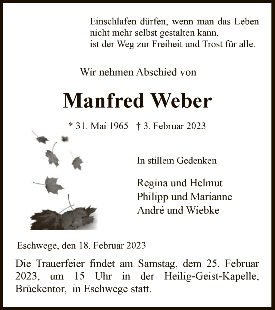 Traueranzeige von Manfred Weber von WRS