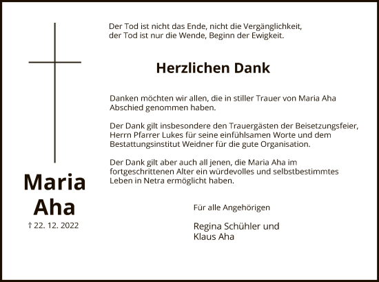 Traueranzeige von Maria Aha von WRS