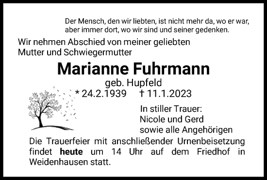 Traueranzeige von Marianne Fuhrmann von WRS