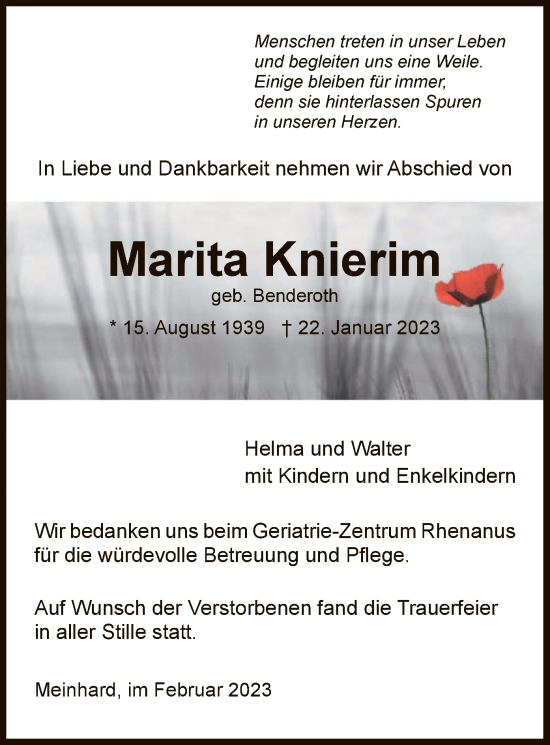 Traueranzeige von Marita Knierim von WRS