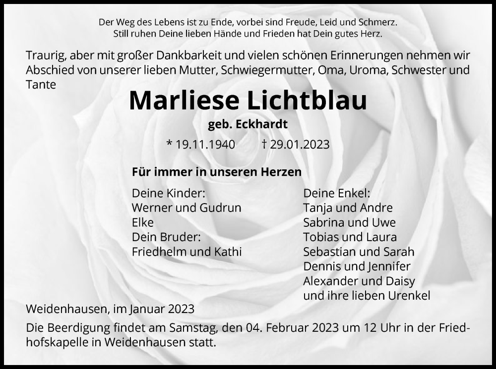  Traueranzeige für Marliese Lichtblau vom 02.02.2023 aus WRS