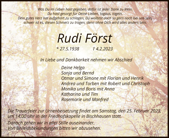 Traueranzeige von Rudi Först von WRS