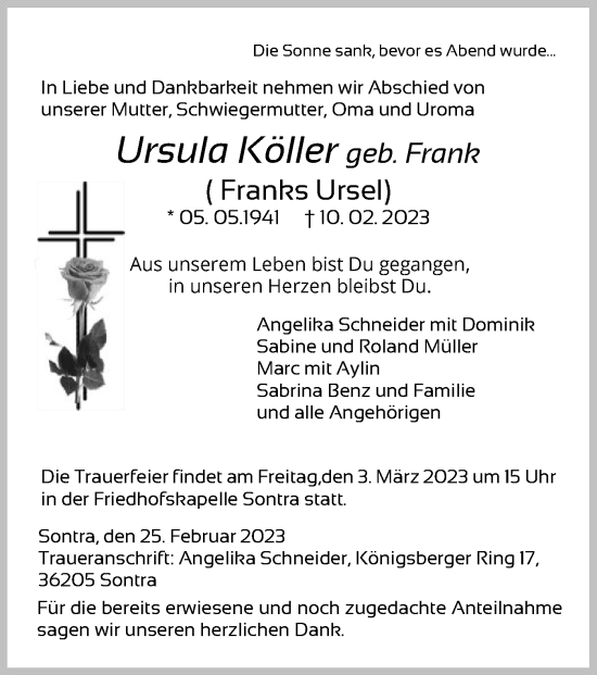 Traueranzeige von Ursula Köller von WRS