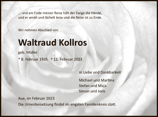 Traueranzeige von Waltraud Kollros von WRS