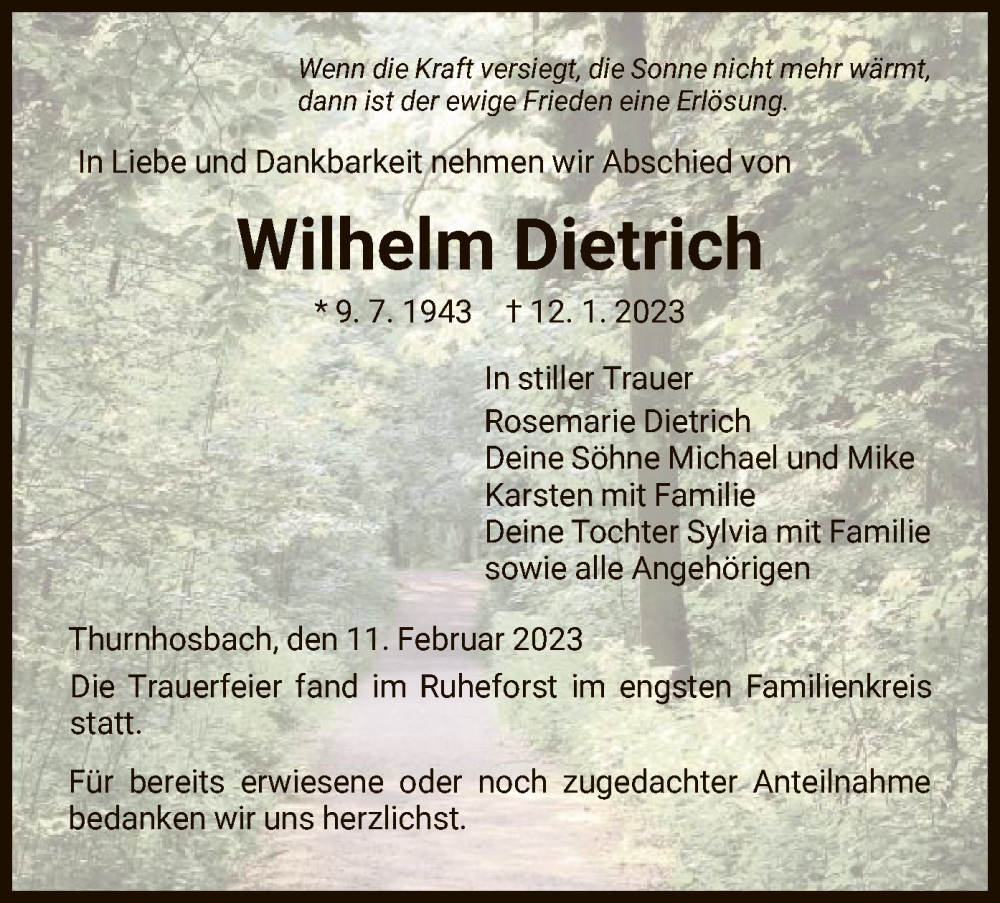  Traueranzeige für Wilhelm Dietrich vom 11.02.2023 aus WRS