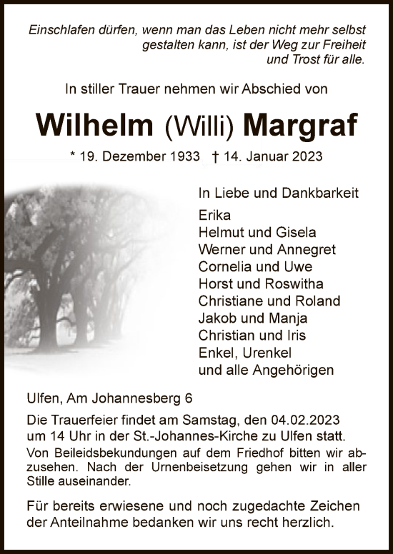 Traueranzeige von Wilhelm Margraf von WRS