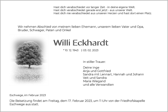 Traueranzeige von Willi Eckhardt von WRS
