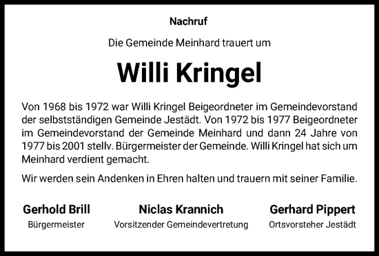 Traueranzeige von Willi Kringel von WRS