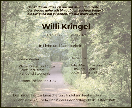 Traueranzeige von Willi Kringel von WRS