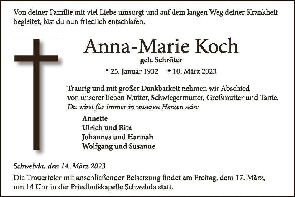  Traueranzeige für Anna-Marie Koch vom 14.03.2023 aus WRS