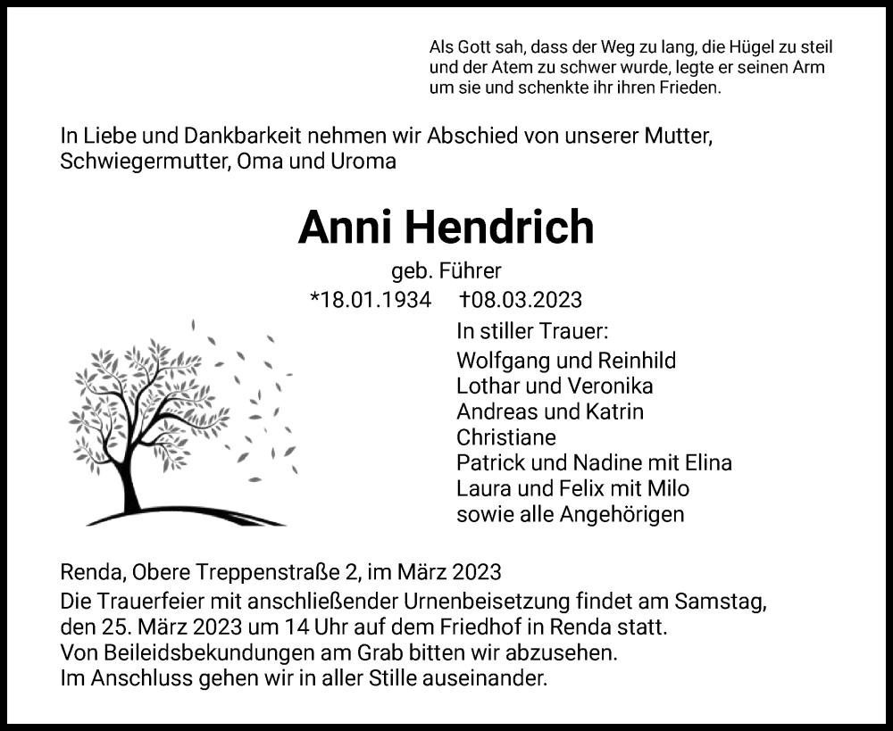  Traueranzeige für Anni Hendrich vom 21.03.2023 aus WRS