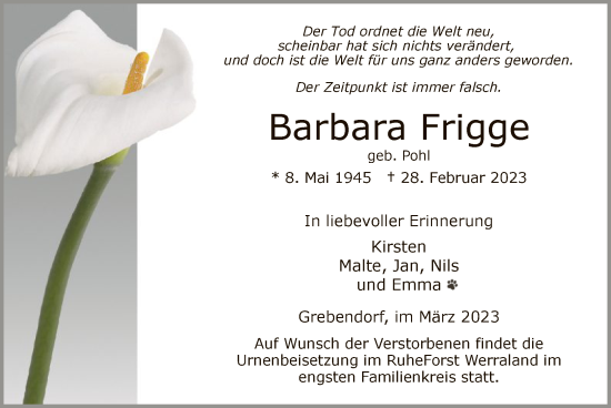 Traueranzeige von Barbara Frigge von WRS