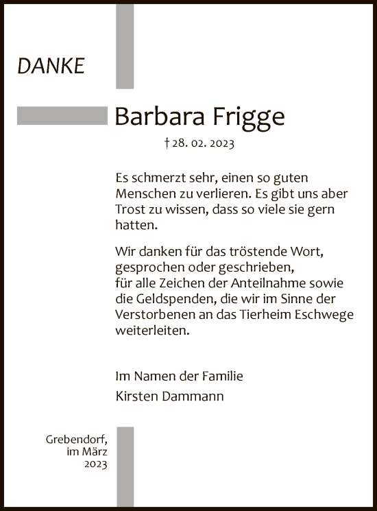 Traueranzeige von Barbara Frigge von WRS