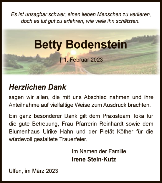 Traueranzeige von Betty Bodenstein von WRS