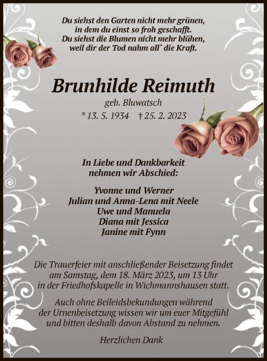 Traueranzeige von Brunhilde Reimuth von WRS