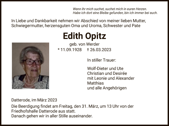 Traueranzeige von Edith Opitz von WRS