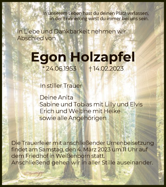 Traueranzeige von Egon Holzapfel von WRS