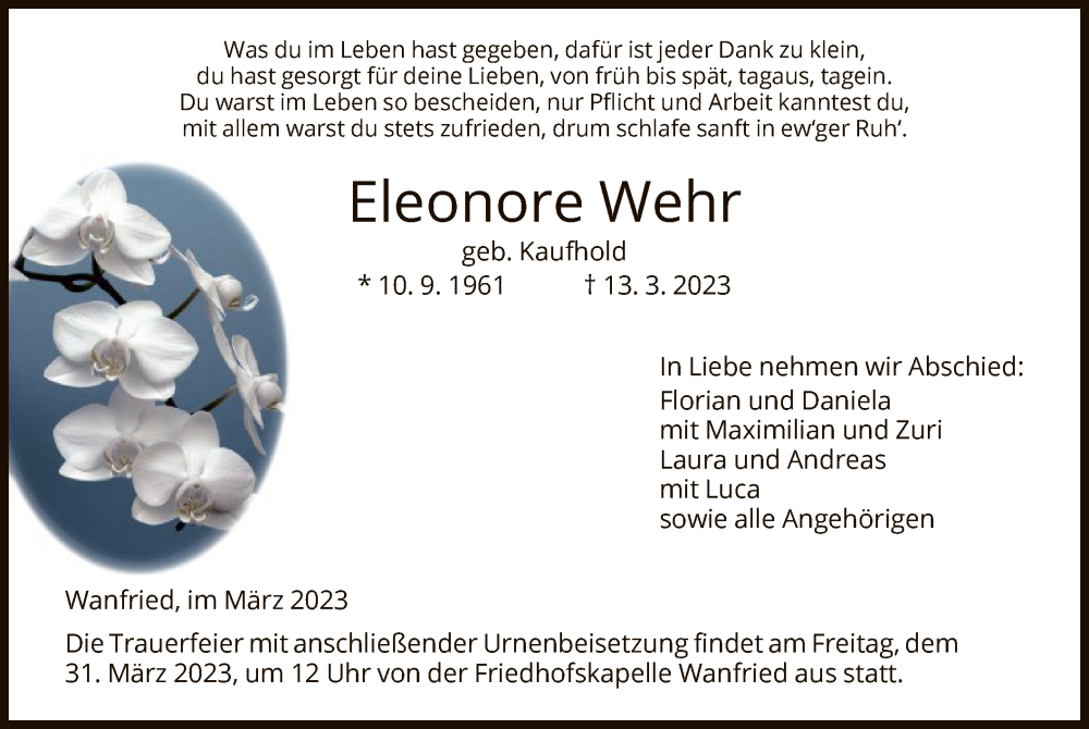  Traueranzeige für Eleonore Wehr vom 29.03.2023 aus WRS