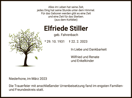 Traueranzeige von Elfriede Stiller von WRS