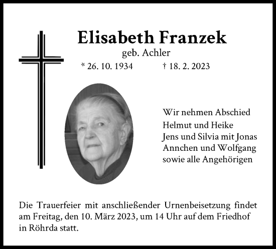 Traueranzeige von Elisabeth Franzek von WRS