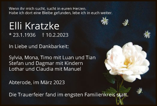 Traueranzeige von Elli Kratzke von WRS