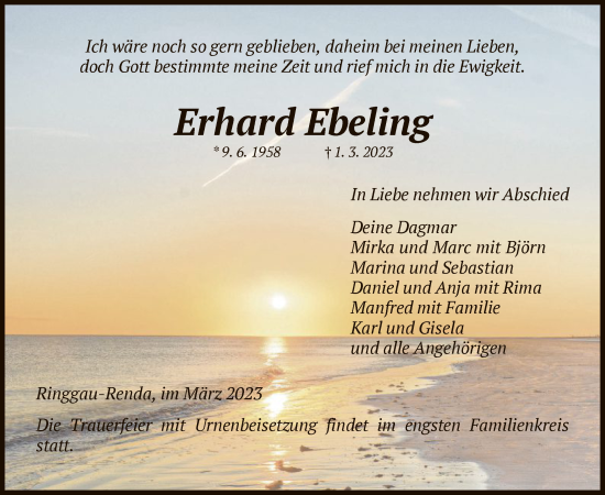 Traueranzeige von Erhard Ebeling von WRS