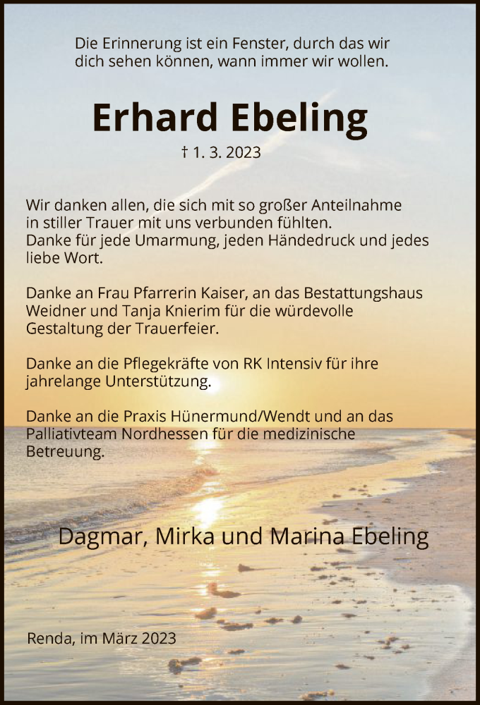  Traueranzeige für Erhard Ebeling vom 25.03.2023 aus WRS