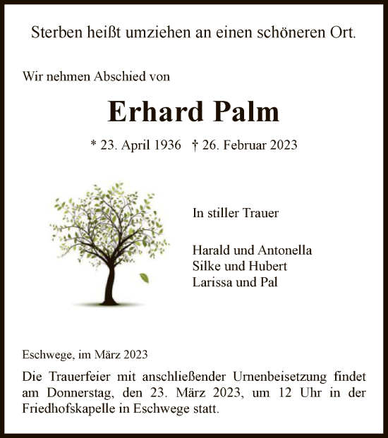 Traueranzeige von Erhard Palm von WRS