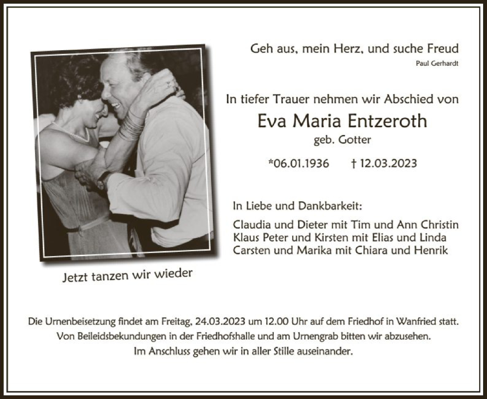 Traueranzeige für Eva Maria Entzeroth vom 22.03.2023 aus WRS