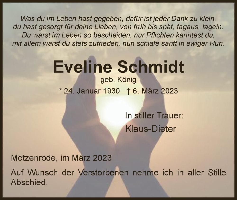  Traueranzeige für Eveline Schmidt vom 18.03.2023 aus WRS