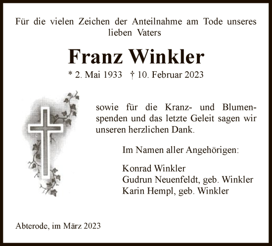 Traueranzeige von Franz Winkler von WRS