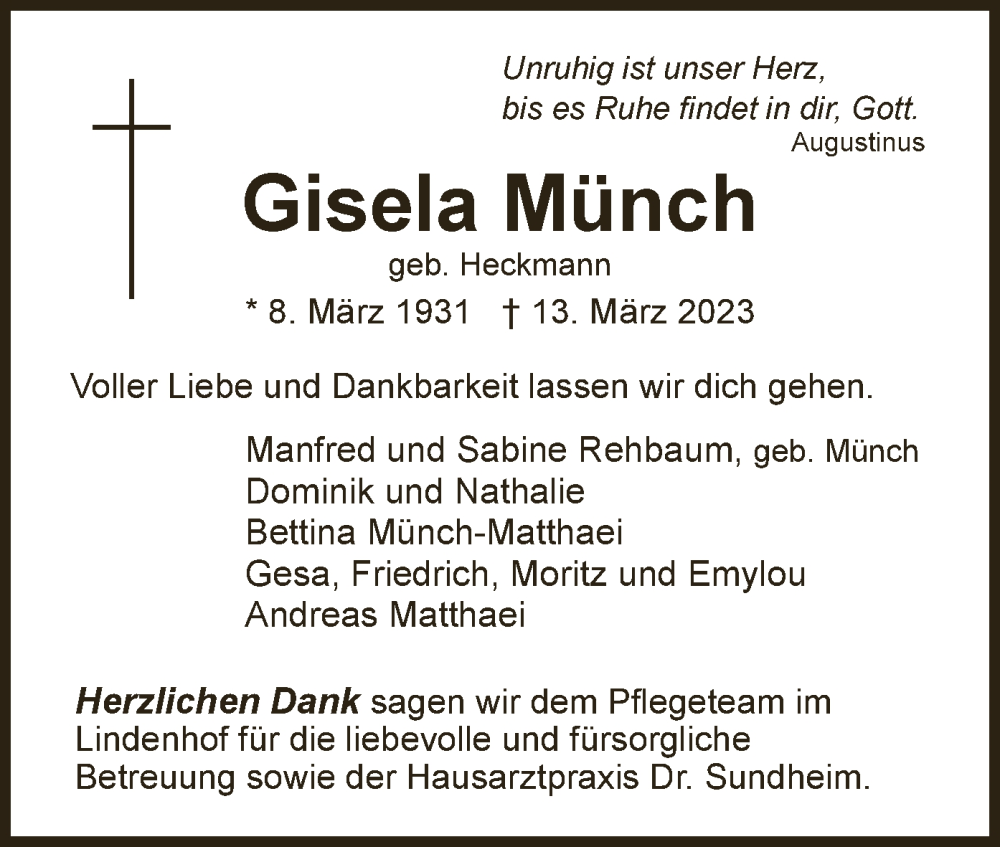 Traueranzeige für Gisela Münch vom 18.03.2023 aus WRS