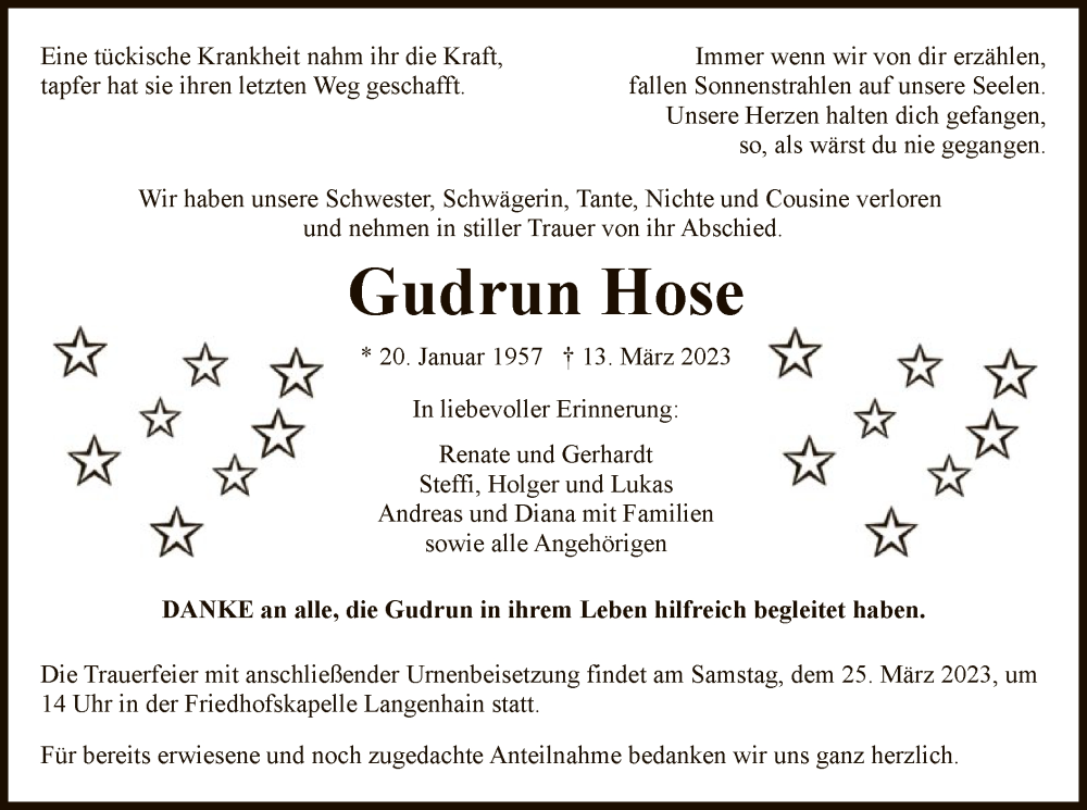  Traueranzeige für Gudrun Hose vom 22.03.2023 aus WRS