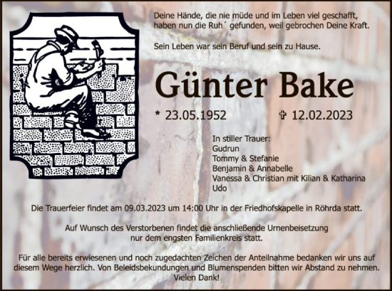 Traueranzeige von Günter Bake von WRS