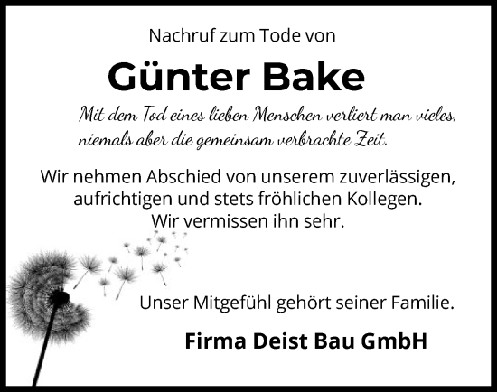 Traueranzeige von Günter Bake von WRS