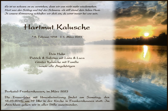 Traueranzeige von Hartmut Kalusche von WRS