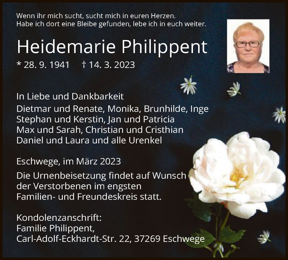  Traueranzeige für Heidemarie Philippent vom 18.03.2023 aus WRS