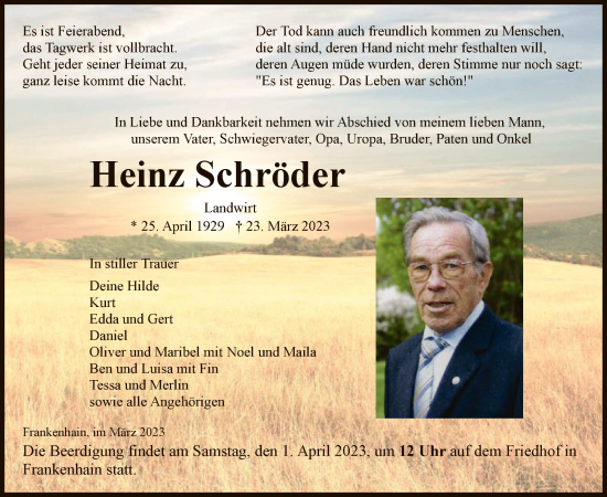 Traueranzeige von Heinz Schröder von WRS