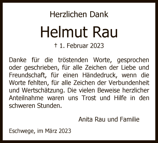 Traueranzeige von Helmut Rau von WRS