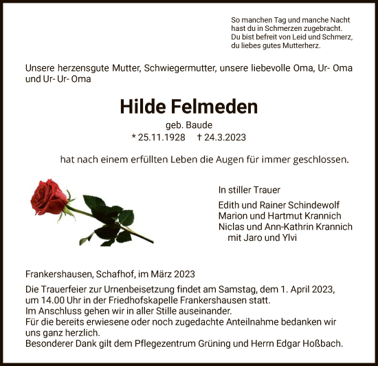 Traueranzeige von Hilde Felmeden von WRS