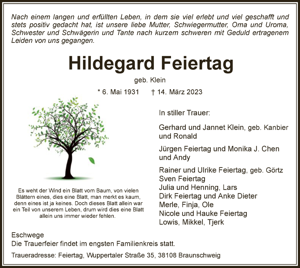  Traueranzeige für Hildegard Feiertag vom 25.03.2023 aus WRS