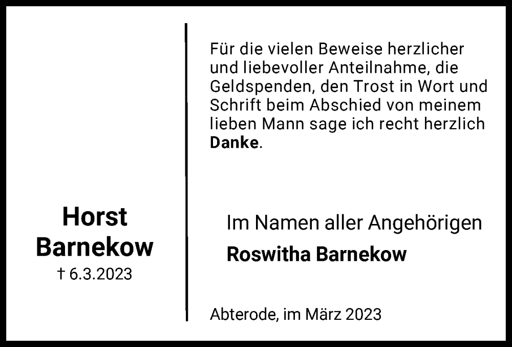  Traueranzeige für Horst Barnekow vom 21.03.2023 aus WRS