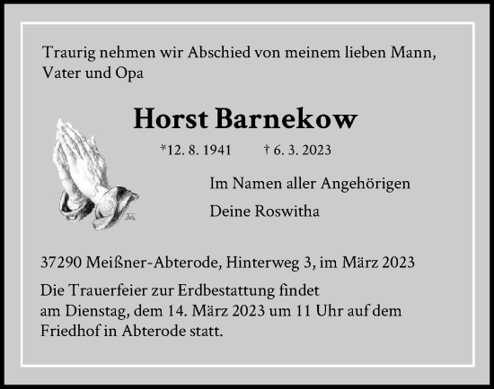 Traueranzeige von Horst Barnekow von WRS